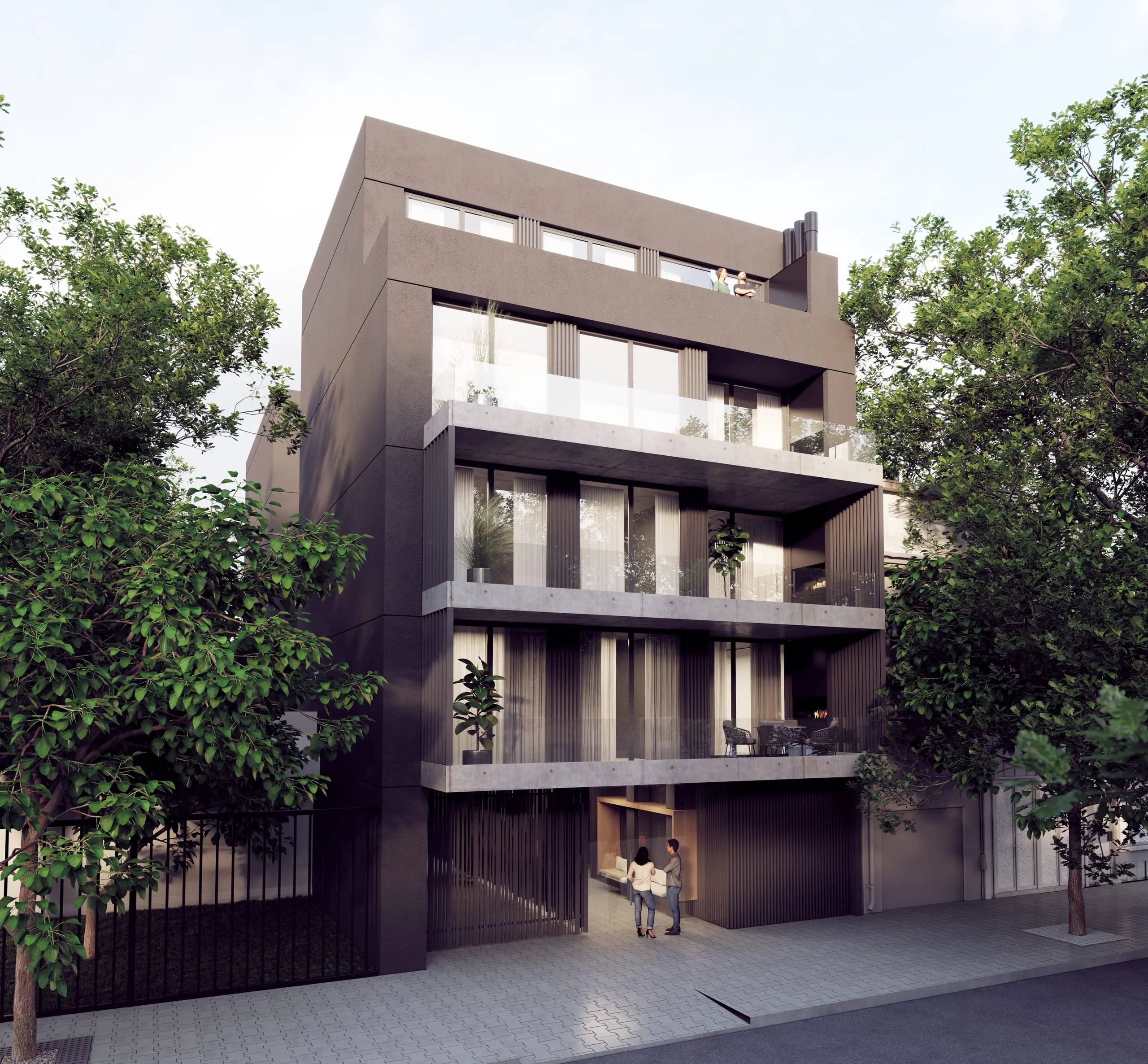 Render de un edificio de departamentos de cuatro niveles, con balcones de hormigón visto entre los árboles