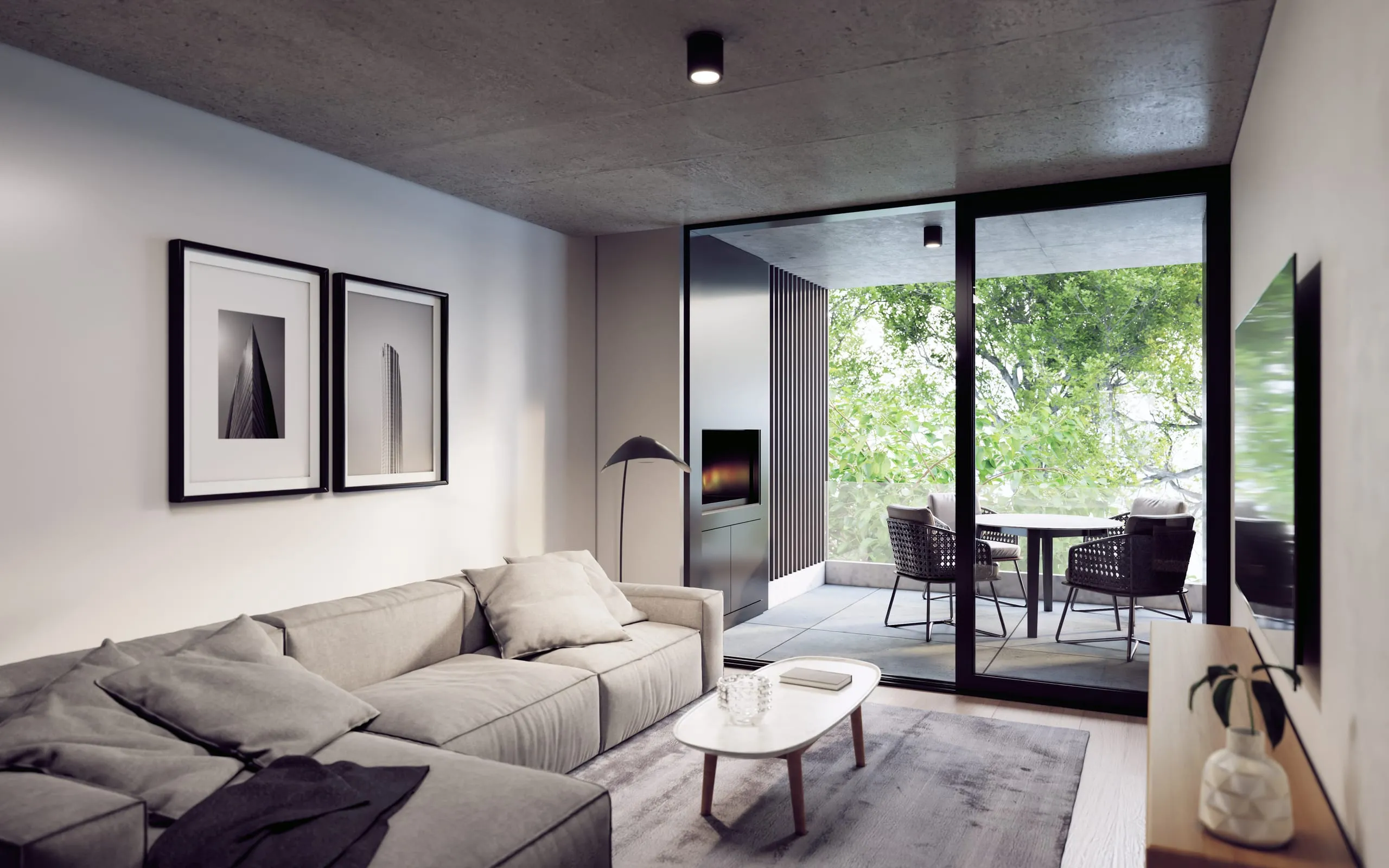 Render del living de un departamento, con losa de hormigón a la vista y balcón al verde