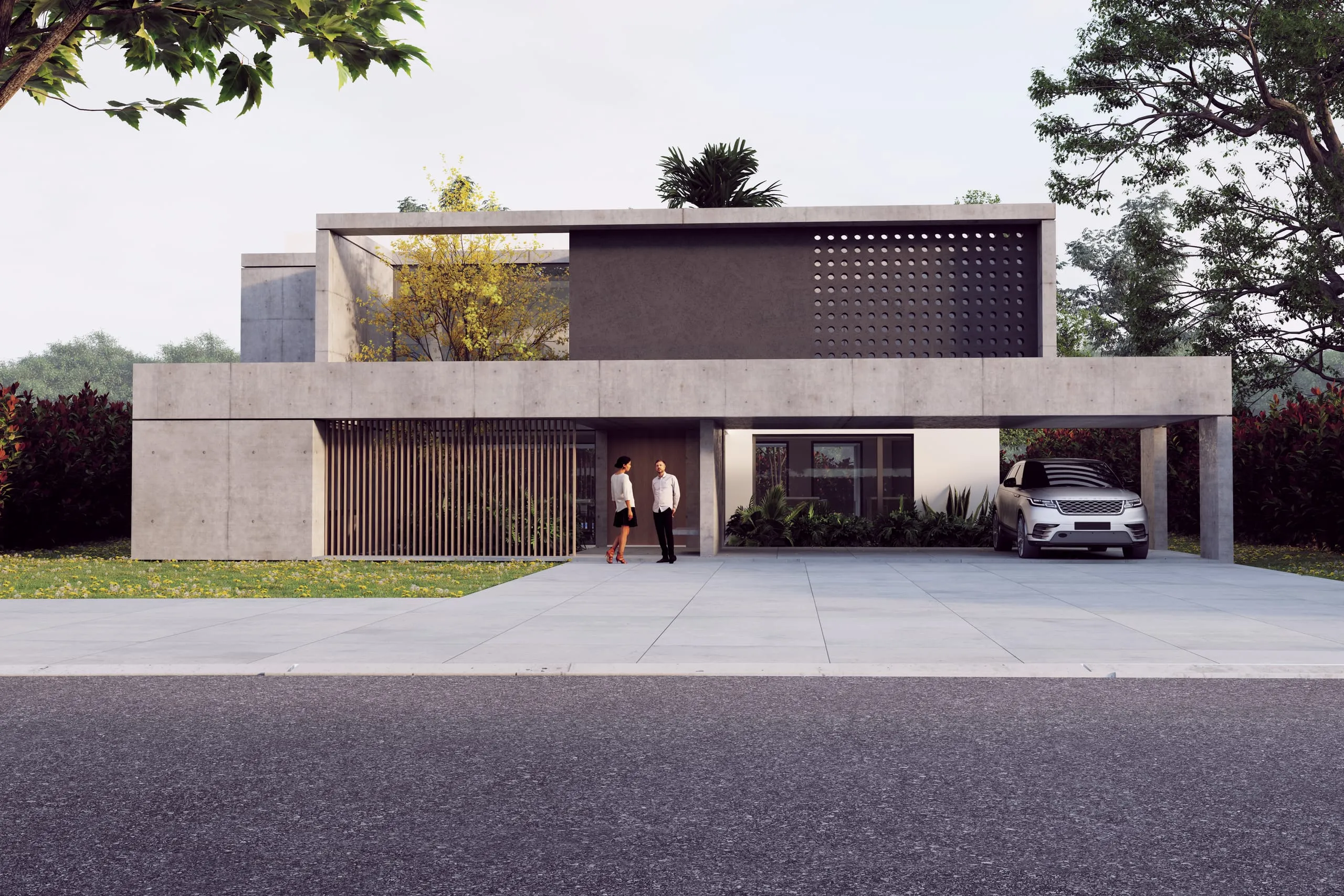 Render del frente de una casa de hormigón visto, con cochera cubierta y celosía calada