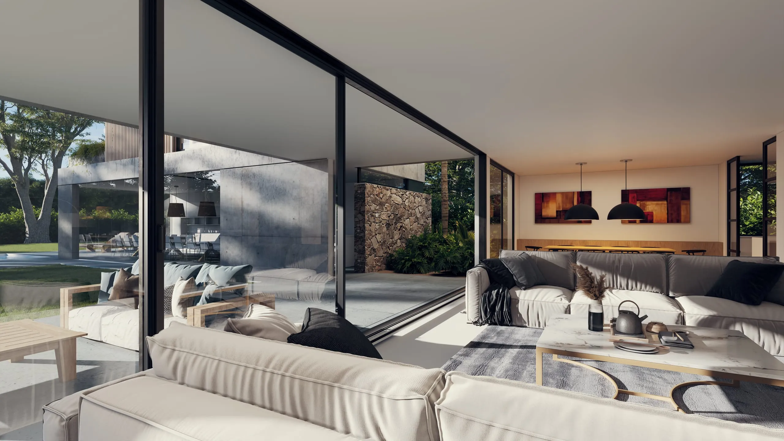 Render del estar de una casa, abierto al jardín y a la pileta por un ventanal de piso a techo