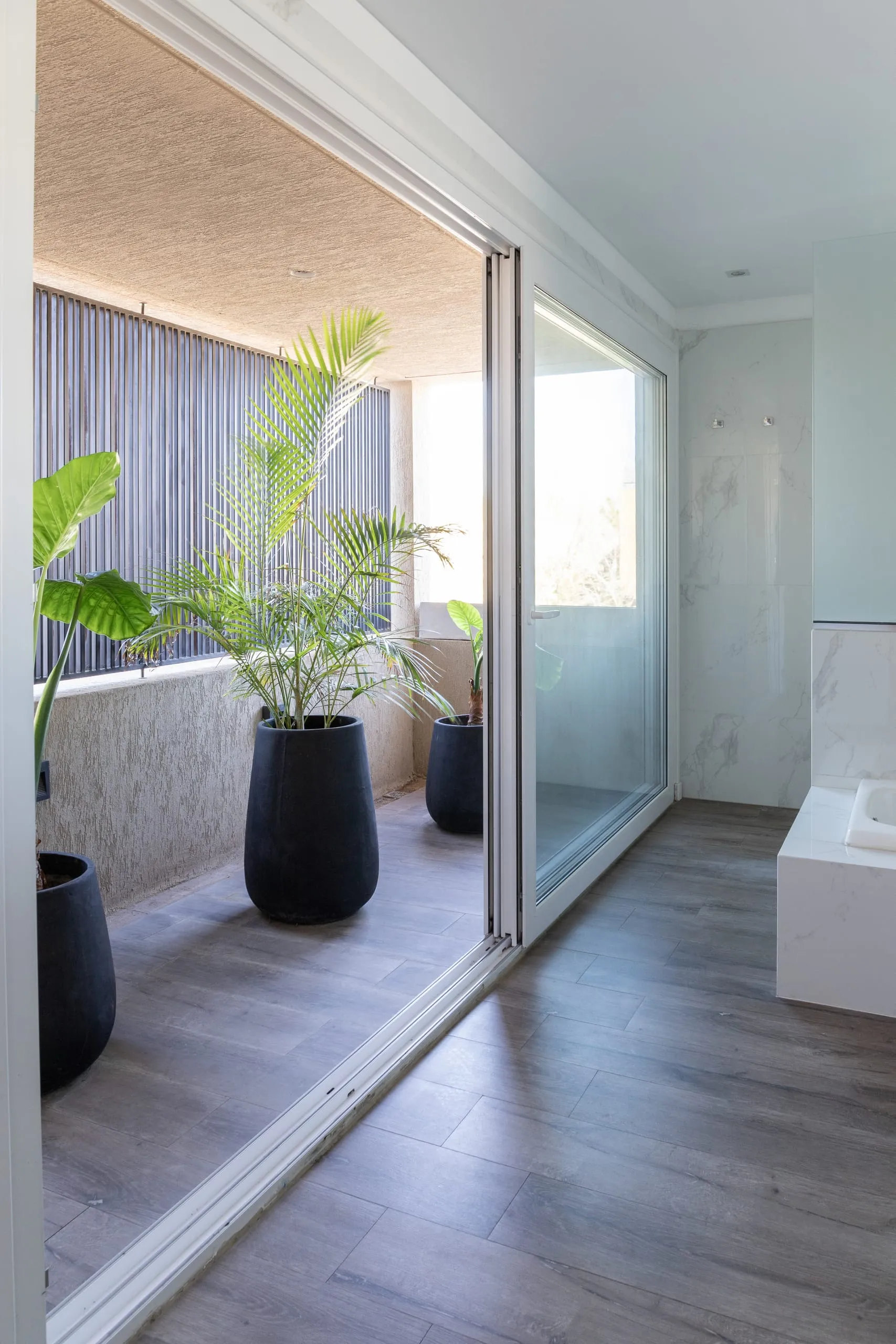 Baño con puerta corrediza hacia un patio con plantas