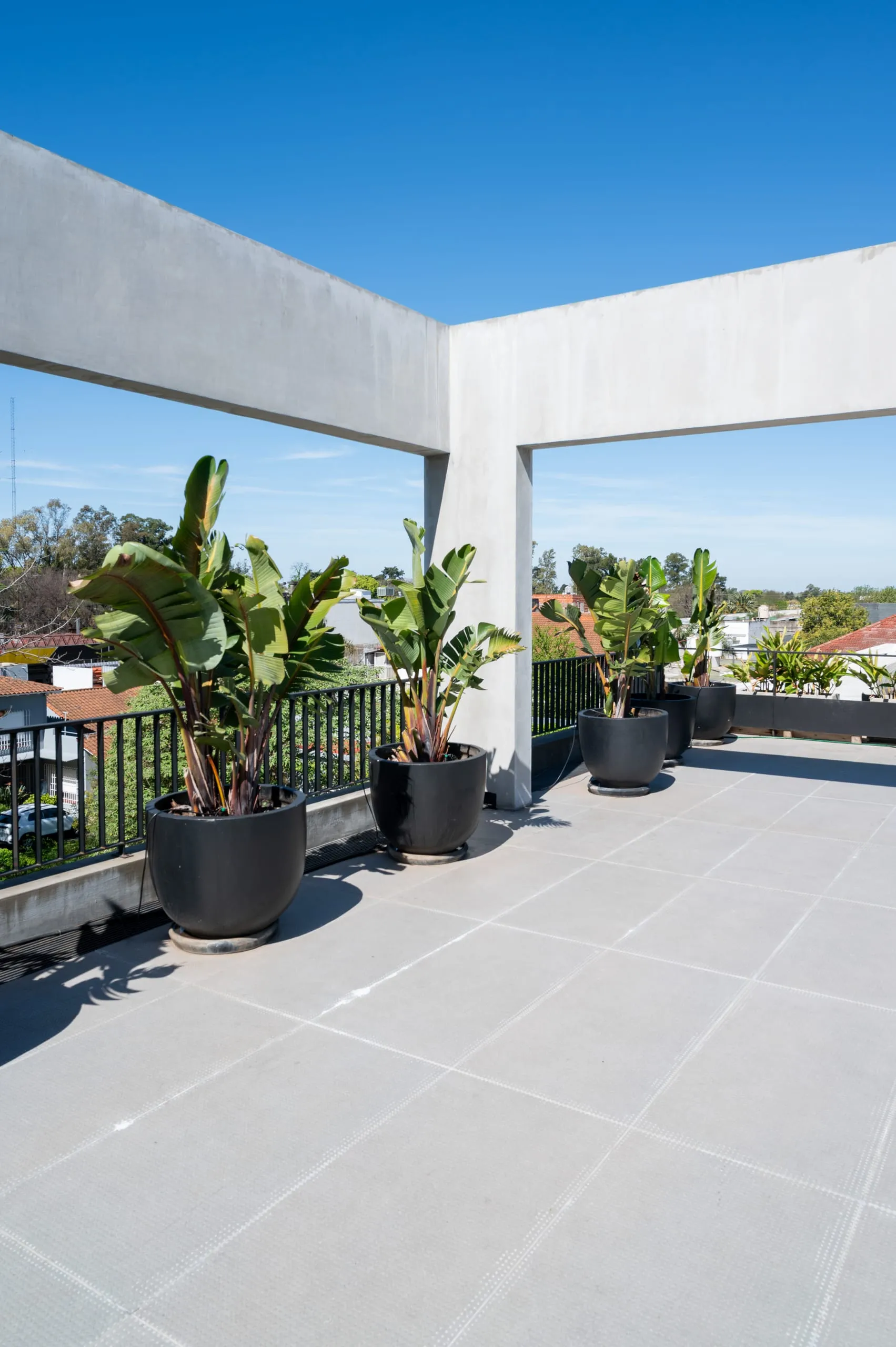 Terraza con macetas y vista a la ciudad